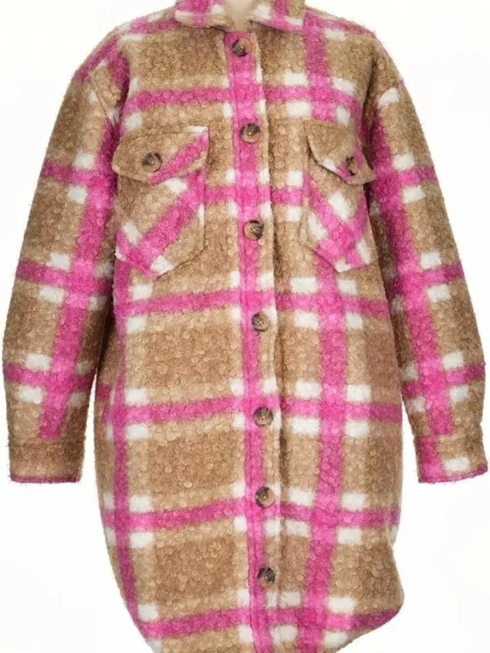 NWT Women’s RD Style Eva Plaid Button-Front Shacket in Brown and Pink